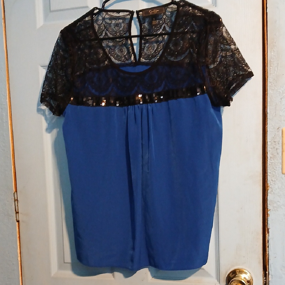 Jessica Simpson Blue and Black Lace Sequin Blouse